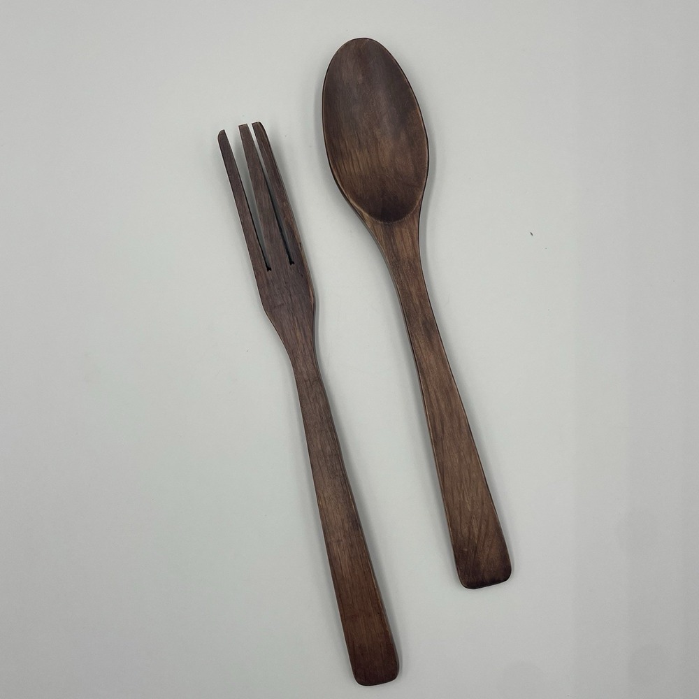 Vintage 10” Wooden Folk Art‎ Hand Carved Fork and Spoon Set Salad Server Cottage
